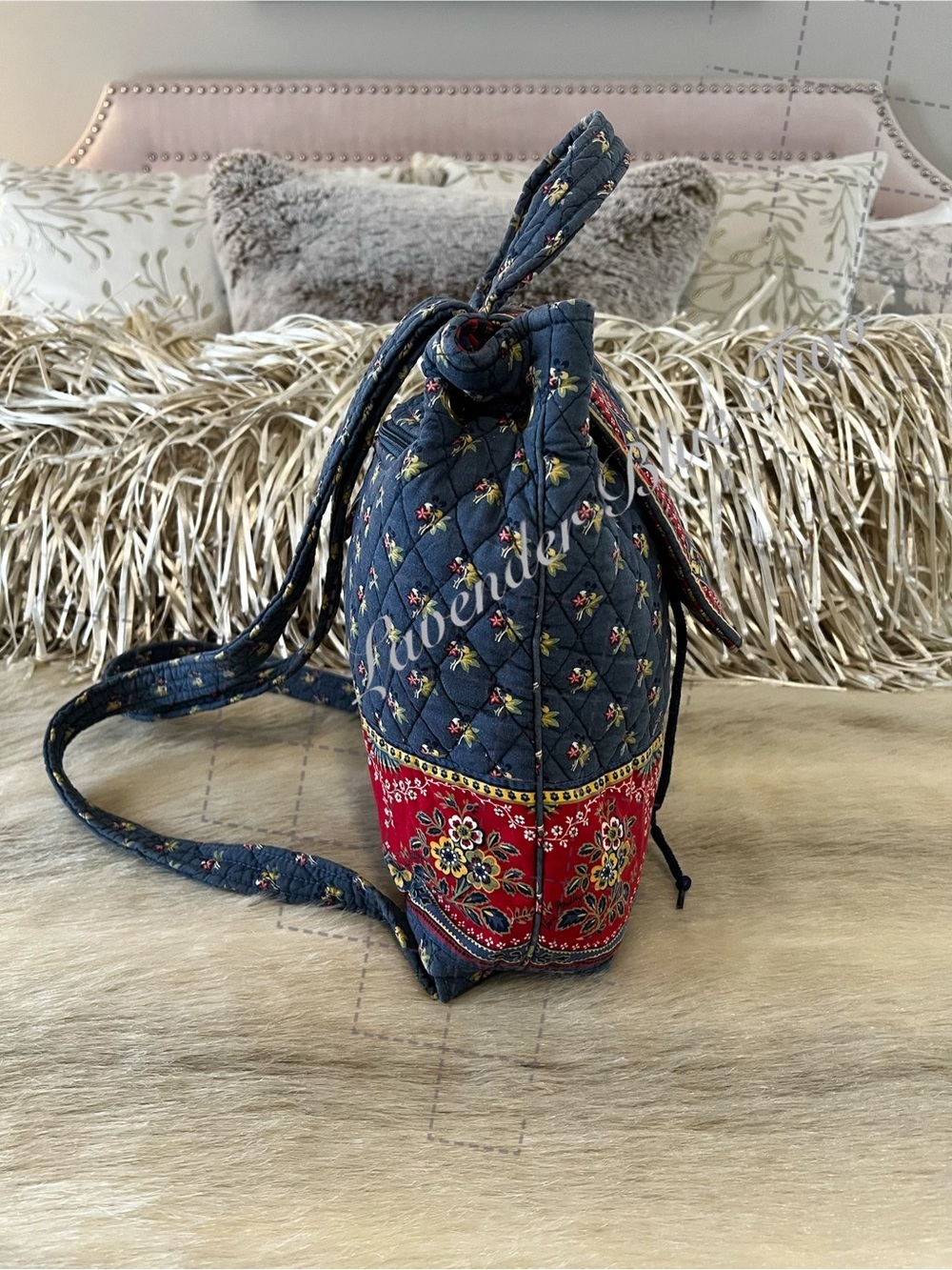 Vintage VERA BRADLEY Emily 2005 Mimi Flap Drawstring Backpack USA Red Blue Y2K - Picture 8 of 14
